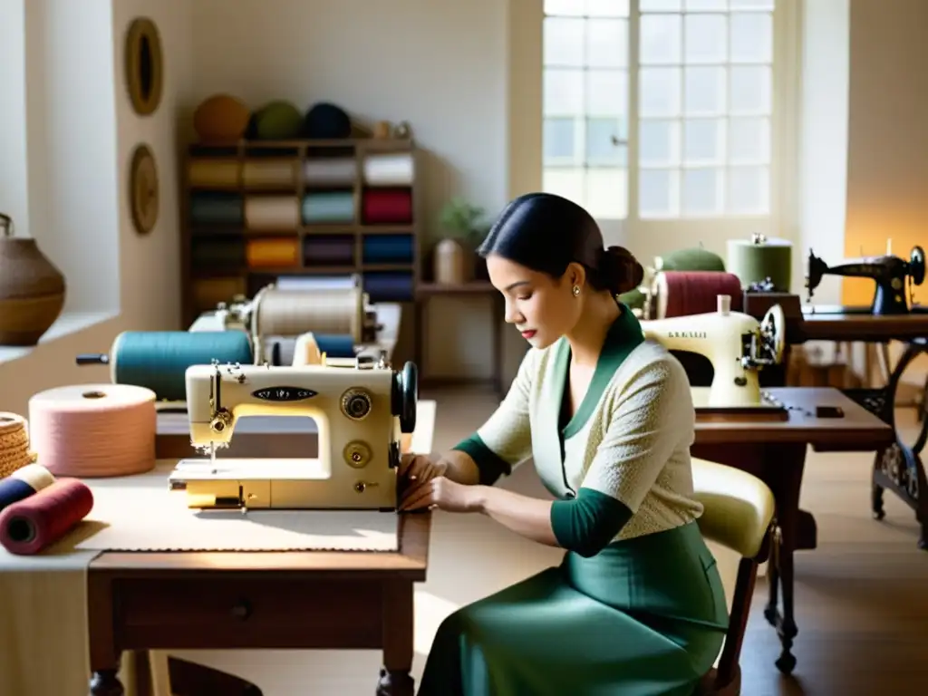 Artesanos expertos en moda de lujo con patrones sustentables trabajando en un taller soleado, creando piezas únicas con pasión y cuidado meticuloso