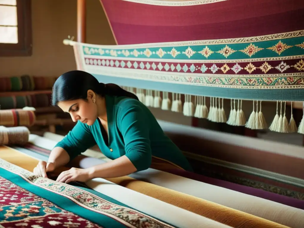 Artesanos hábiles tejen patrones artísticos en alfombras persas, evocando tradición y artesanía en Irán