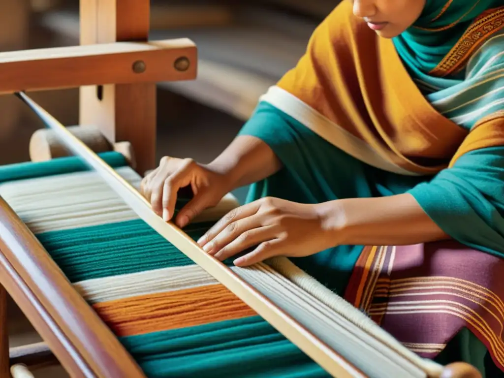 Artesanos tejiendo hermosos patrones en telares, evocando la belleza del tejido manual en la producción textil