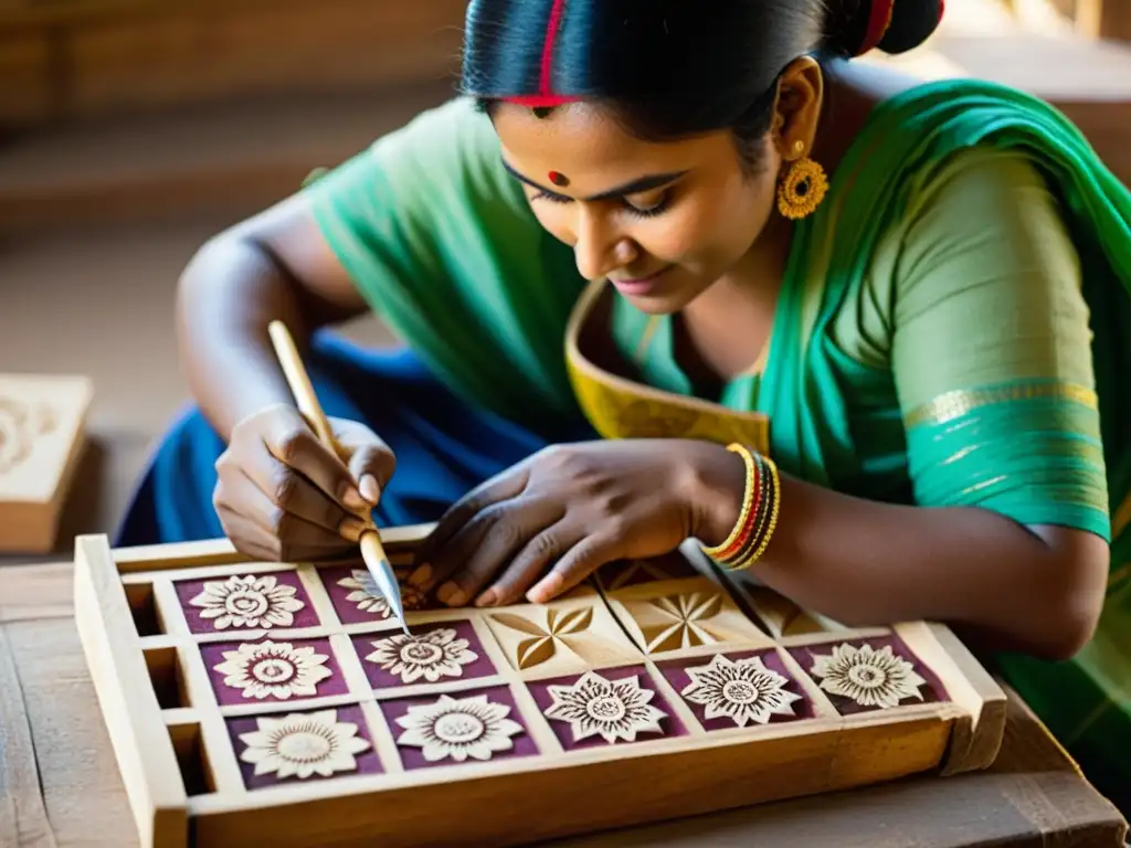 Artesanos en Bagru, India, tallan bloques de madera para estampación textil, evocando historia y tradición en colores vibrantes