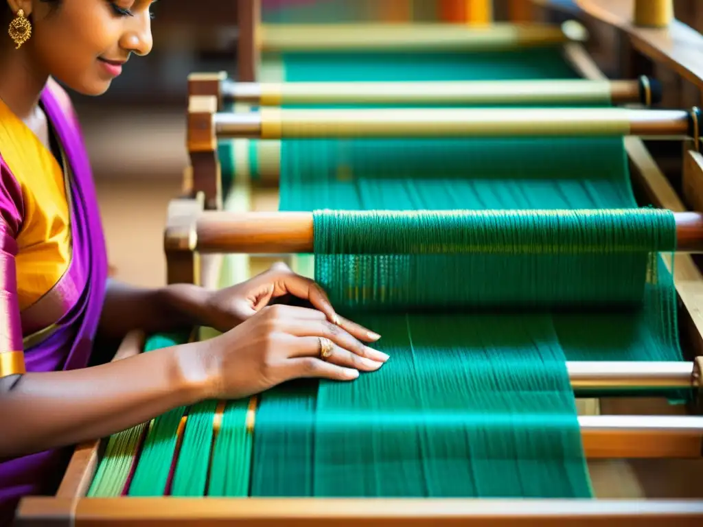 Artesanos en la India tejiendo un sari con hilos vibrantes, reflejando la historia del sari en India con destreza y tradición