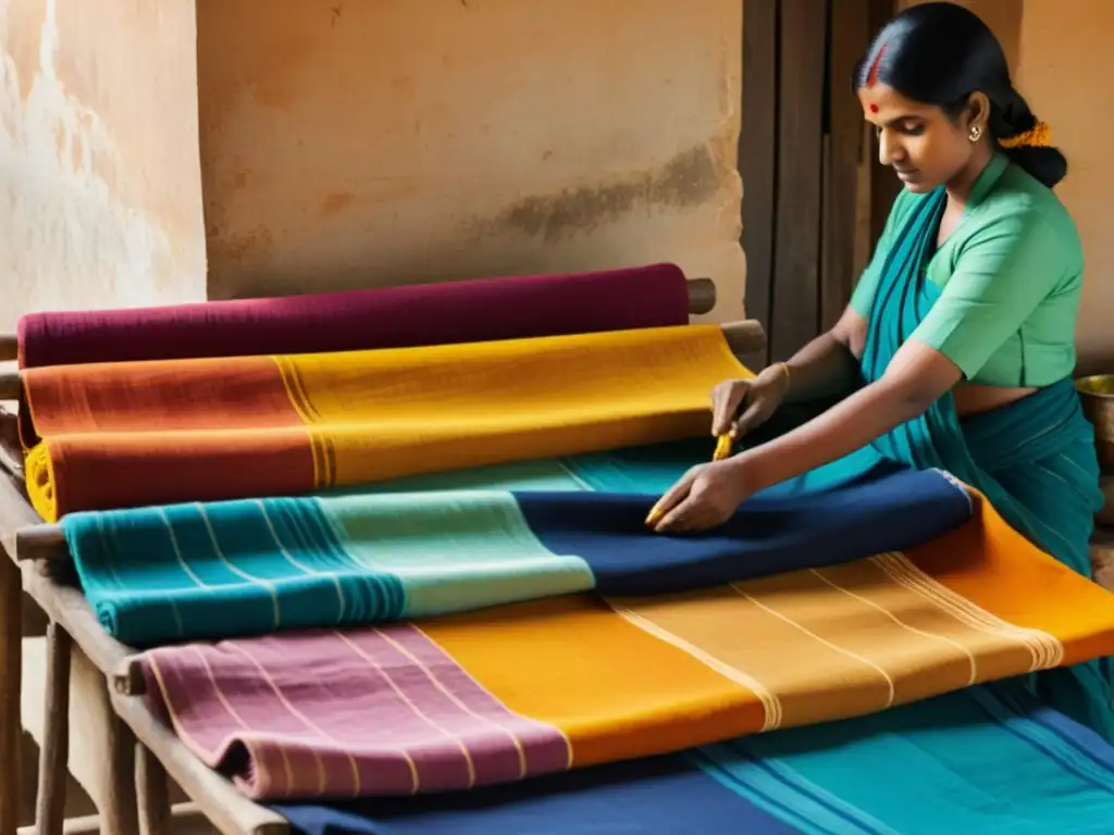 Artesanos en la India tiñendo tela con técnicas tradicionales, rodeados de colores y patrones vibrantes y materiales naturales como índigo, cúrcuma y raíz de rubia, resaltando la rica herencia del teñido en la India