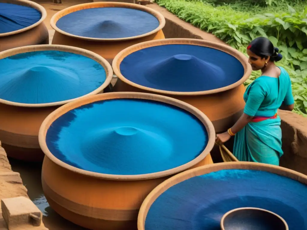 Artesanos en India sumergiendo tela en tintes azules en un antiguo proceso de teñido índigo