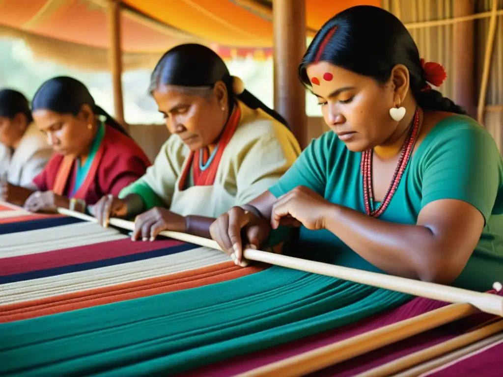 Artesanos indígenas tejen con destreza tejidos vibrantes, evocando tradición y habilidad en la moda actual