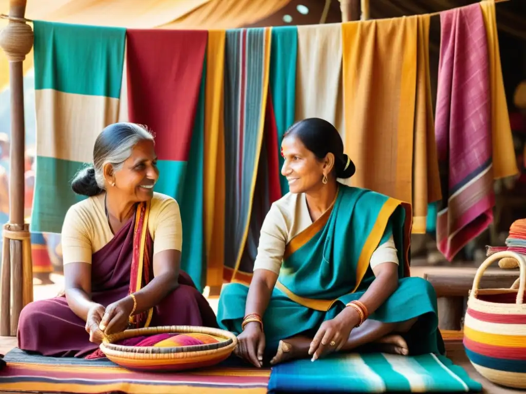 Artesanos indígenas de la India exhiben patrones textiles en un mercado vibrante, bajo la cálida luz del sol