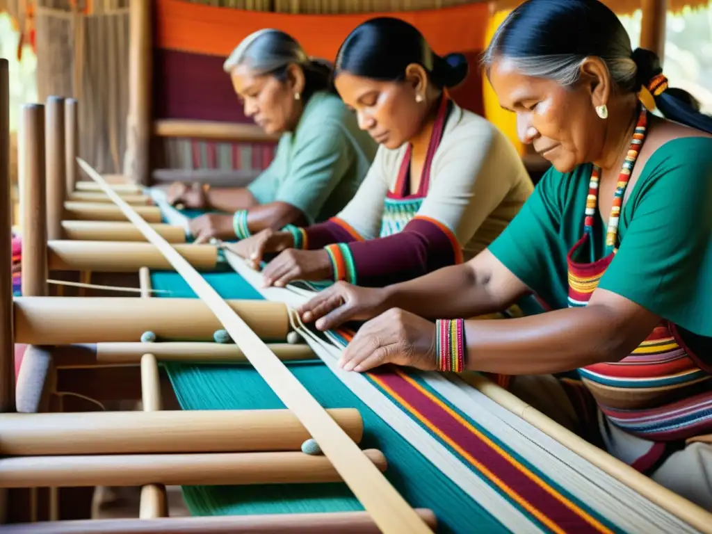 Artesanos indígenas tejen patrones coloridos en telar de madera, evocando la moda actual con herencia cultural