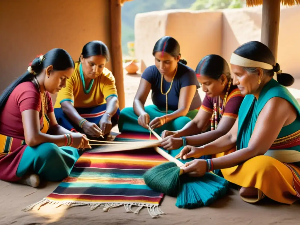 Artesanos indígenas tejiendo patrones coloridos en textiles, rodeados de hilos vibrantes y herramientas tradicionales