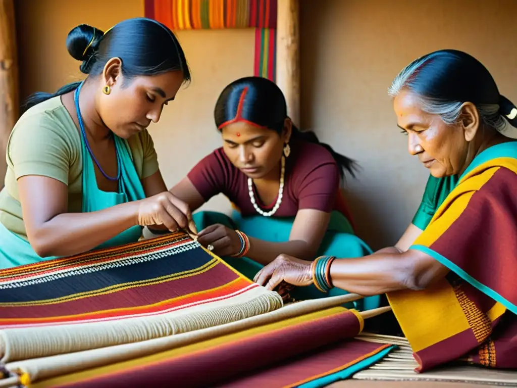 Artesanos indígenas creando patrones étnicos en identidad de marca con tintes naturales y técnicas de tejido intrincadas, evocando herencia cultural