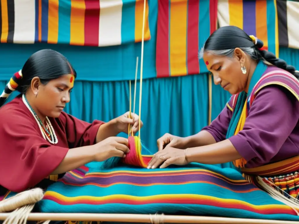 Artesanos indígenas tejiendo patrones textiles en el Festival Inti Raymi, con vibrantes colores y técnica tradicional