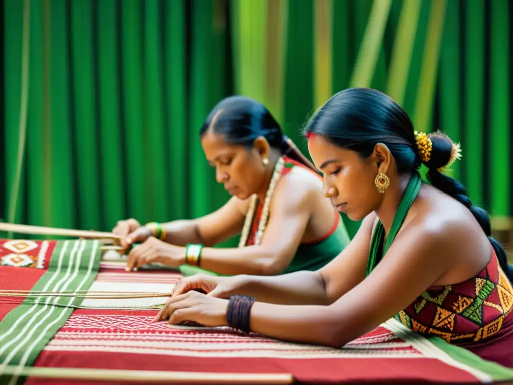 Artesanos indígenas amazónicos tejiendo significativos patrones en vibrantes textiles, fusionando tradición con naturaleza exuberante