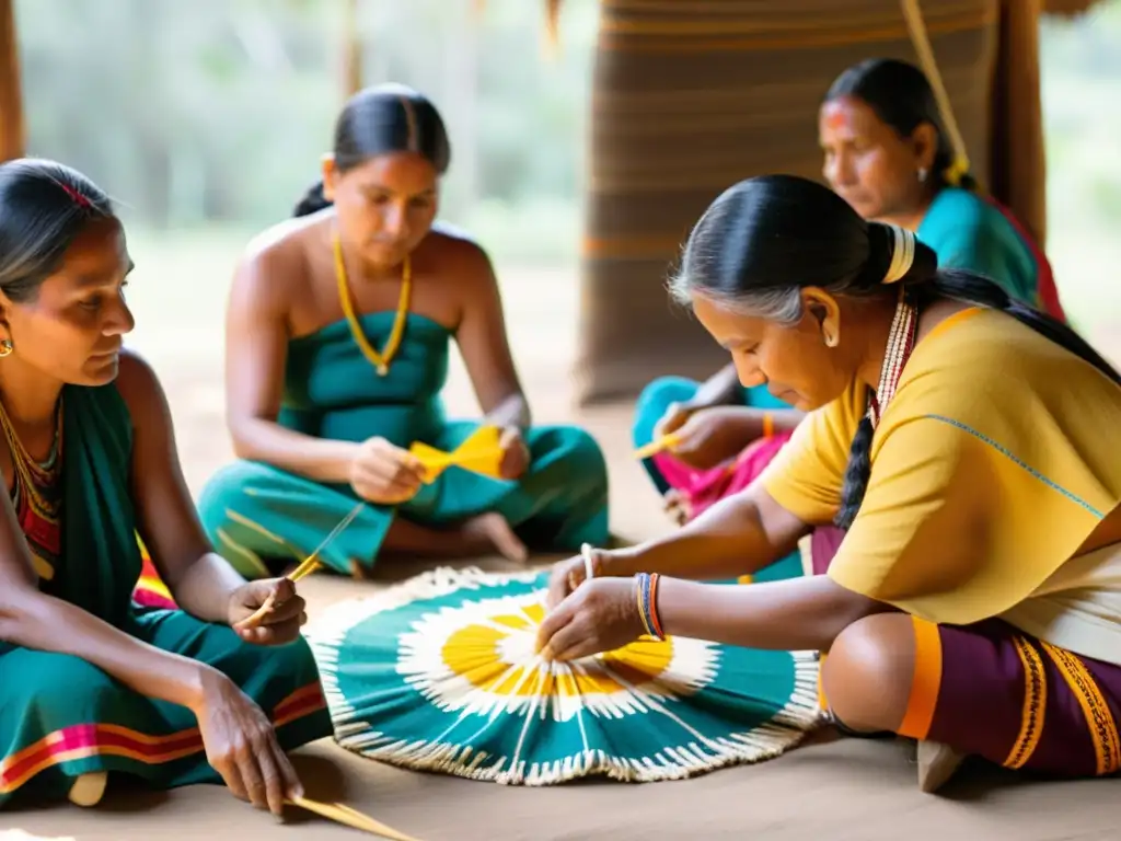 Artesanos indígenas tejiendo textiles tradicionales con técnicas ancestrales, iluminados por el cálido sol