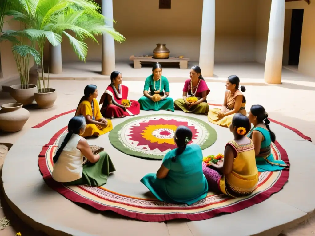 Artesanos indígenas tejiendo textiles tradicionales en un patio soleado, mostrando integración de patrones ancestrales contemporáneos con maestría artística y orgullo cultural