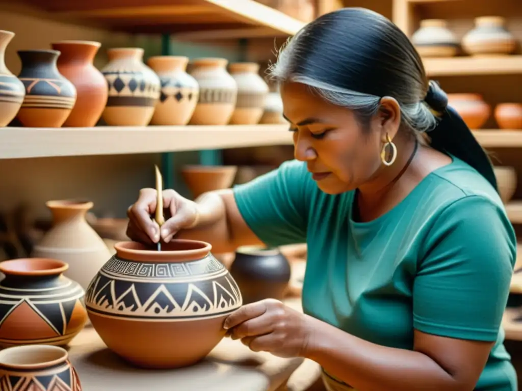 Artesanos indígenas preservando la tradición pintando cerámica, rodeados de piezas bellamente elaboradas