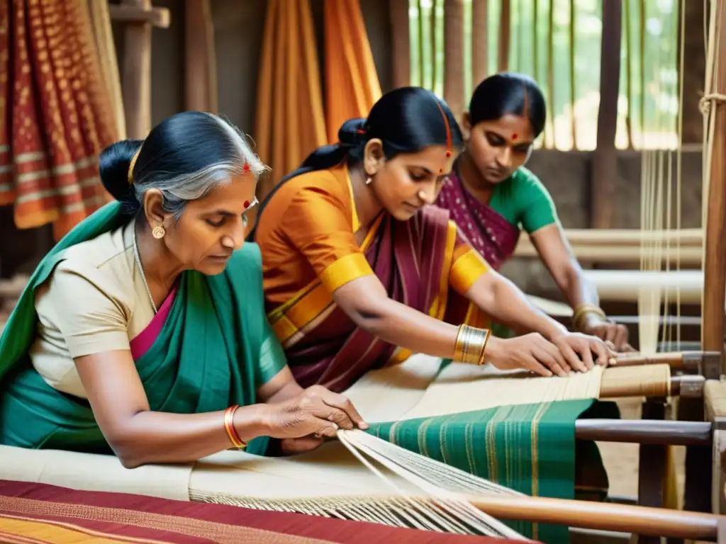 Artesanos indios expertos trabajando en telares manuales, preservando la tradición de la India con textiles vibrantes y detalles intrincados