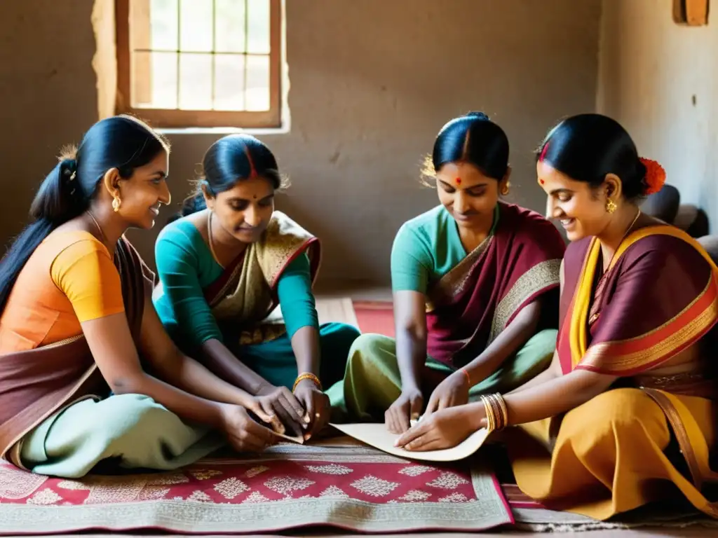 Artesanos indios creando hermosos patrones de patchwork en un taller soleado, destacando la tradición y artesanía de la India