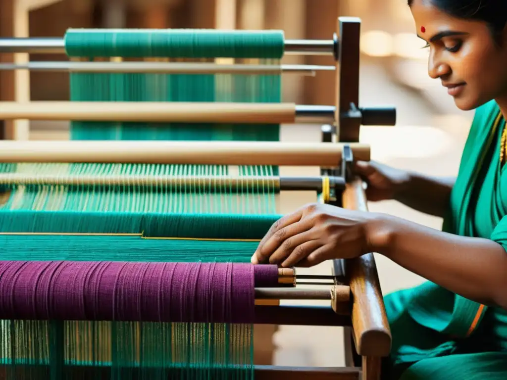 Artesanos indios tejen a mano patrones textiles indios tradicionales en telares de madera, evocando herencia cultural y artesanía