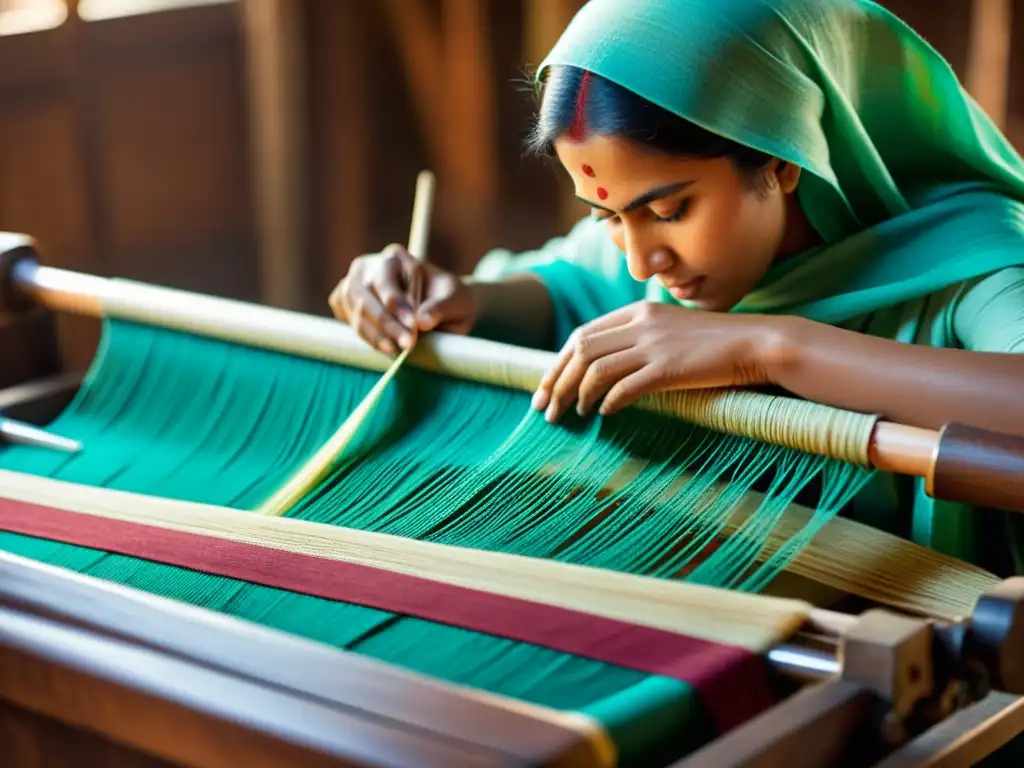 Artesanos indios en taller tradicional tejiendo meticulosamente pashminas de cachemira