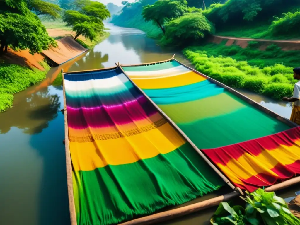 Artesanos indios utilizan tintes naturales junto al río para crear textiles vibrantes, capturando la esencia de la tradición de tintes naturales India