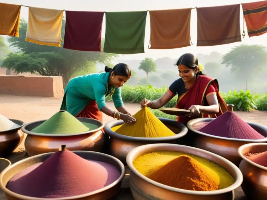 Artesanos indios extraen tintes naturales de plantas en escena vintage vibrante en la India