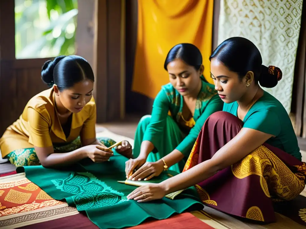 Artesanos indonesios aplican cera a tela, preparando para el taller teñido batik Indonesia