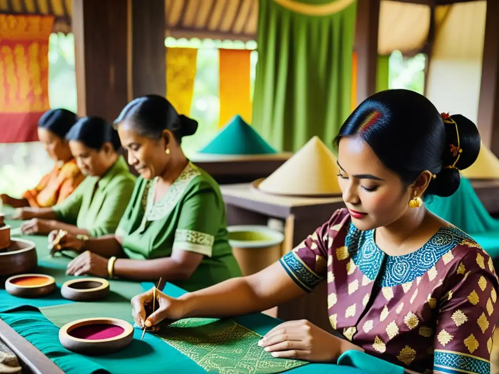 Artesanos indonesios aplican cera y tintes en un taller teñido batik Indonesia, mostrando patrones vibrantes y detallados