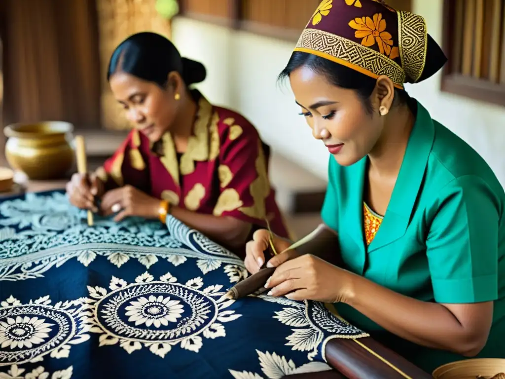 Artesanos indonesios crean meticulosos patrones artísticos tradicionales de Indonesia en vibrantes telas, destacando la rica herencia cultural