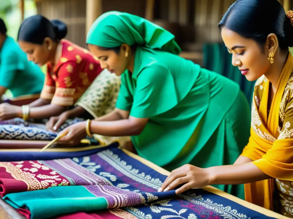 Artesanos indonesios creando batik tradicional con destreza Artesanos indonesios crean patrones batik en tela