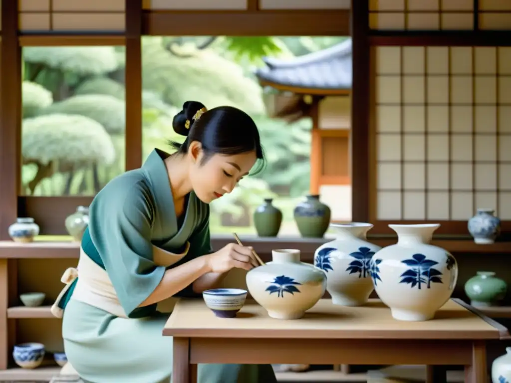 Artesanos japoneses pintan delicados motivos inspirados en el Shinto en cerámica, con una serena influencia del Shinto en la cerámica japonesa