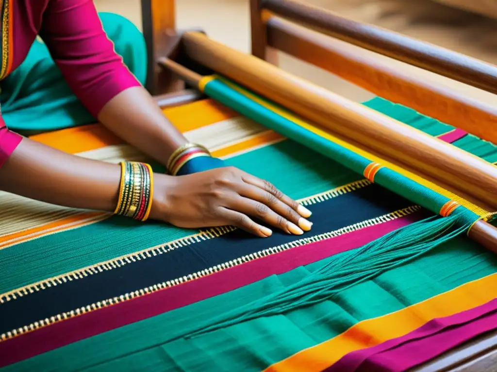 Artesanos tejen a mano textil Himroo Deccan con patrones vibrantes, reflejando la rica herencia cultural y artesanía