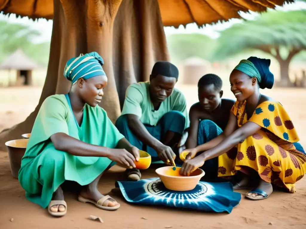 Artesanos nigerianos practicando técnicas textiles Adire bajo un antiguo baobab, reflejando la supervivencia de la tradición