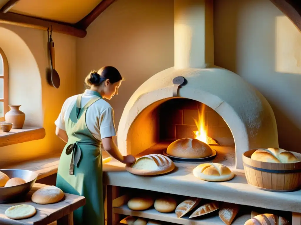 Artesanos elaborando pan en un horno de leña, evocando la tradición y los patrones de fermentación en panificación