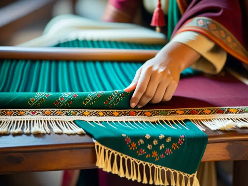 Artesanos tejiendo una pashmina en Cachemira, con telares antiguos y ricos textiles en un taller atmosférico