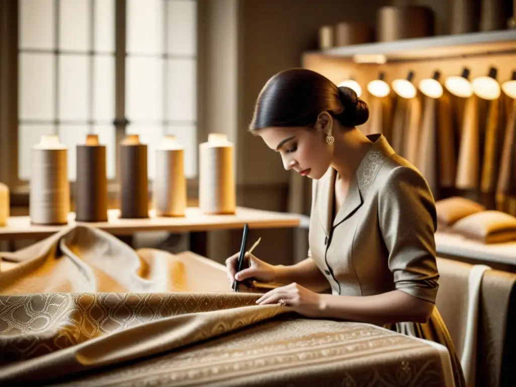 Artesanos crean patrones artísticos en atelier de moda de lujo, evocando elegancia y tradición en tonos cálidos sepia