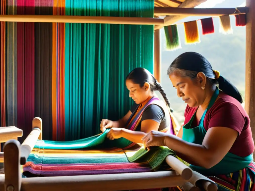 Artesanos tejiendo patrones artísticos en feria de Teotitlán, Oaxaca