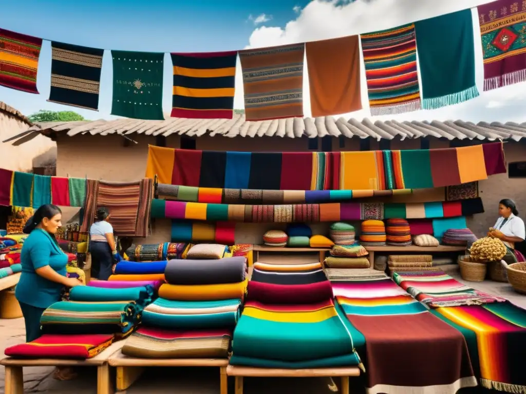 Artesanos crean patrones artísticos en feria de Teotitlán, México, con textiles vibrantes y colores cálidos