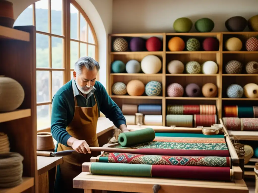 Artesanos creando patrones culturales en marcas globales en taller tradicional con tejidos vibrantes y ambiente cálido