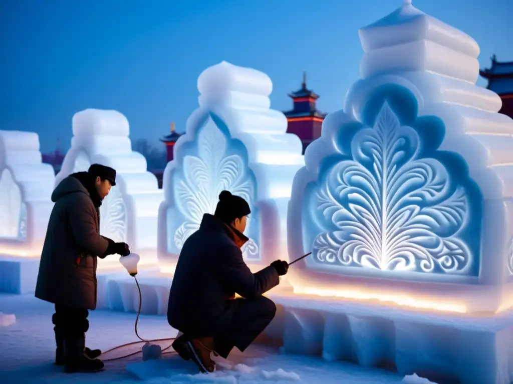 Artesanos esculpen patrones esculturales en el Festival de Harbin, bajo la suave luz de las linternas tradicionales