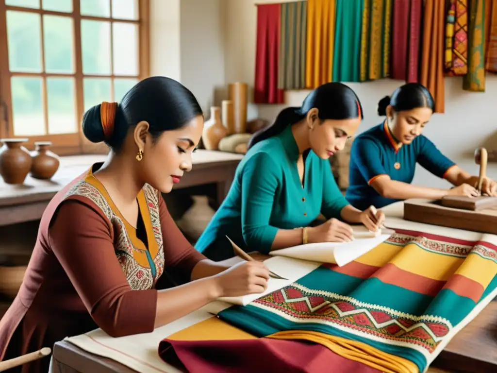 Artesanos crean patrones étnicos en un taller vintage, con telas y hilos coloridos