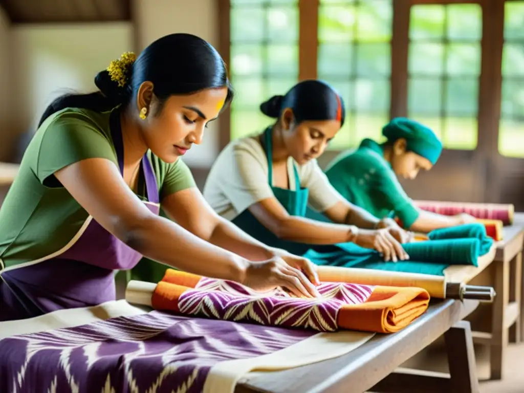 Artesanos creando patrones ikat y shibori con técnicas tradicionales de teñido, en un taller lleno de luz natural