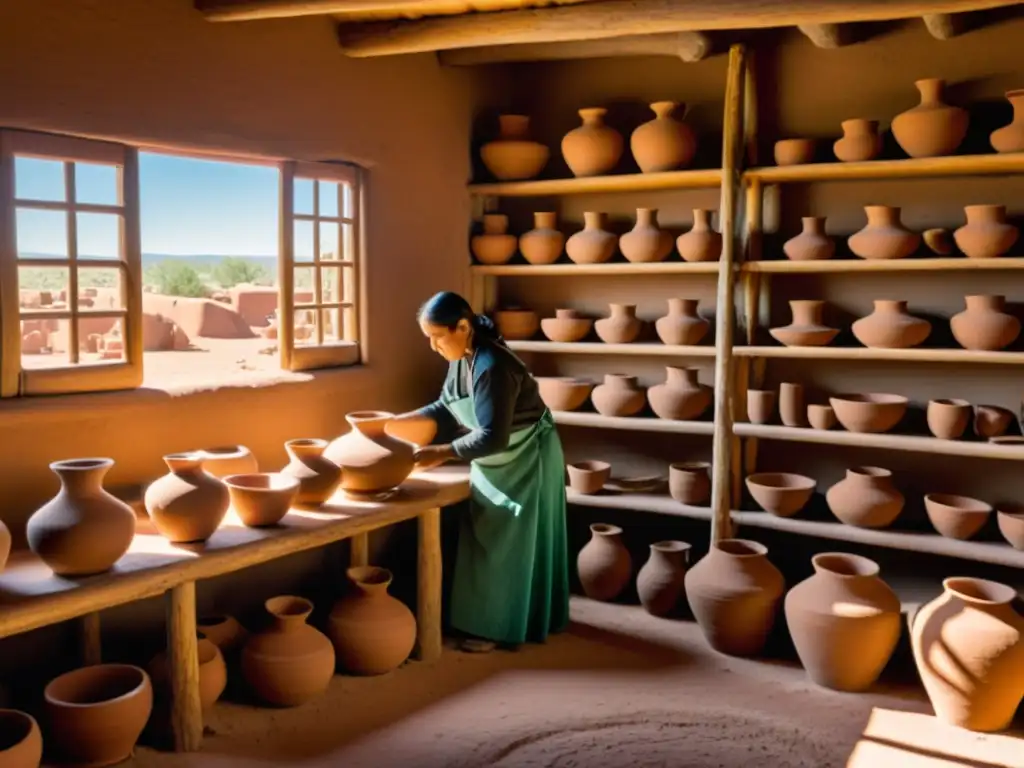 Artesanos crean patrones nativos americanos en taller de alfarería en Nuevo México, con tonos terrosos y luz natural