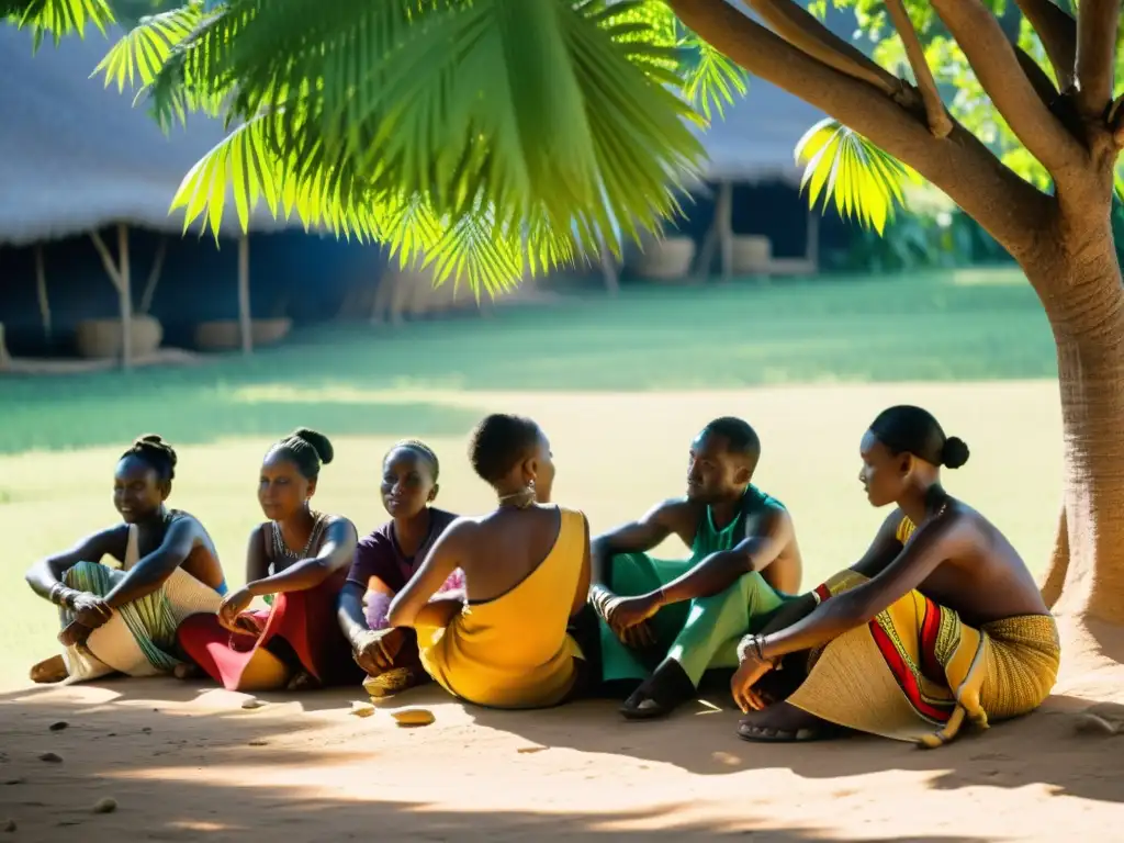 Artesanos tejiendo patrones de sisal bajo un árbol en África, con luz solar filtrándose entre las hojas