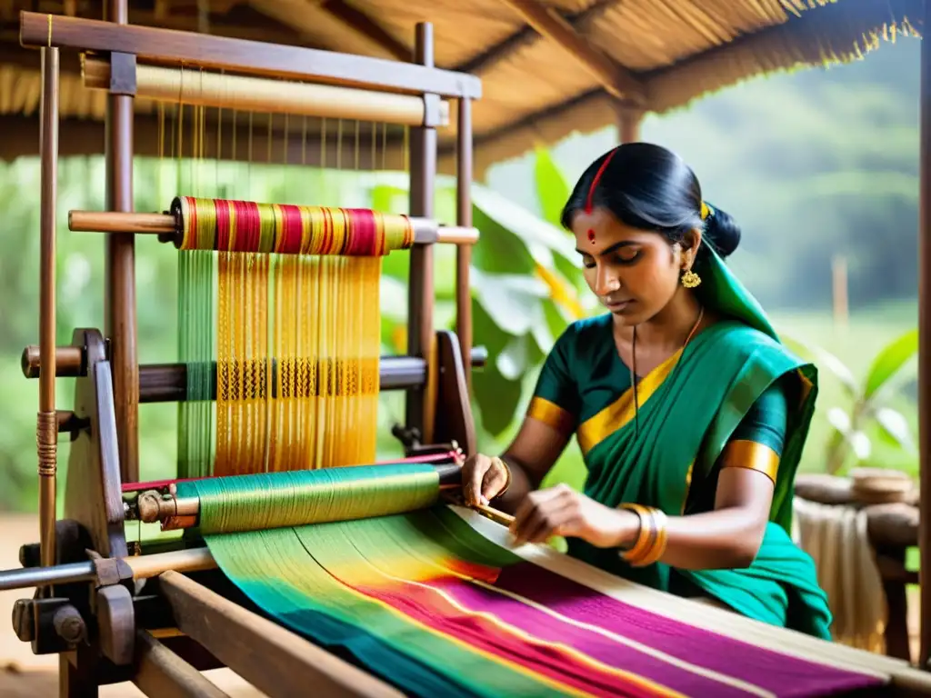 Artesanos tejiendo patrones textiles sostenibles India en telares de madera, rodeados de naturaleza y tradición vibrante