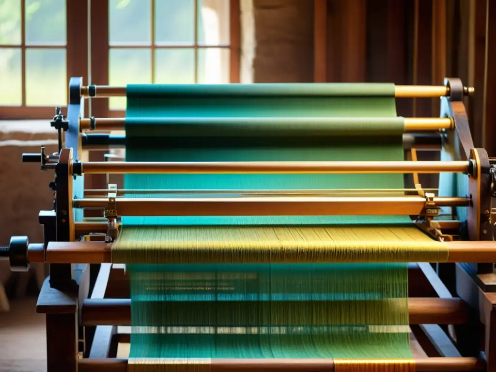 Artesanos tejen patrones tradicionales textiles alta gama en telar vintage, bañados en cálido resplandor dorado