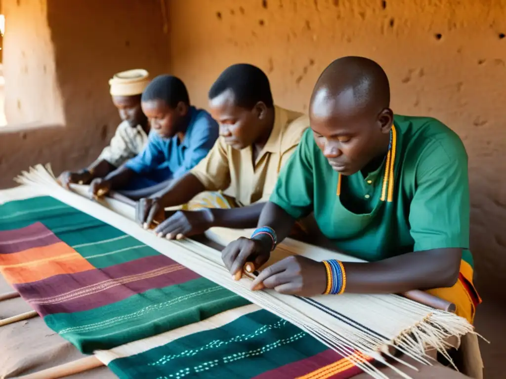 Artesanos en Burkina Faso tejiendo patrones vibrantes en tejidos tradicionales de Faso Dan Fani, evocando historia y artesanía