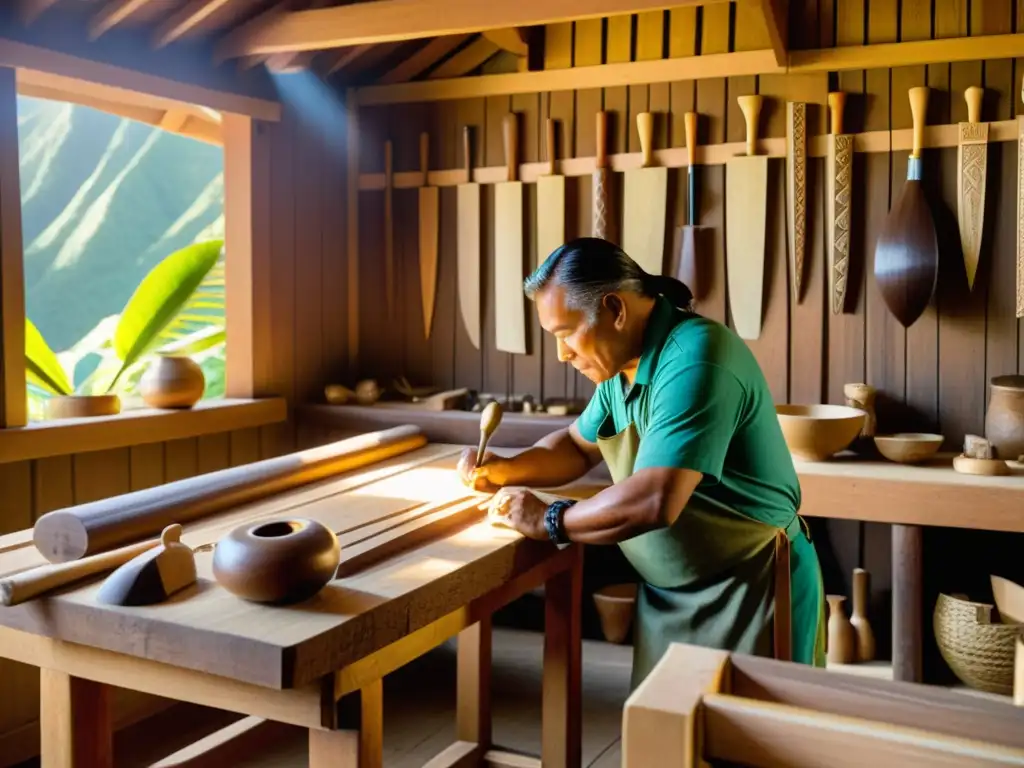 Artesanos polinesios tallan patrones en madera con destreza, en un taller tradicional bañado por la cálida luz del sol