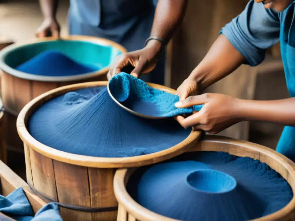 Artesanos hindúes realizando el proceso de teñido azul en India, evocando herencia cultural y artesanía