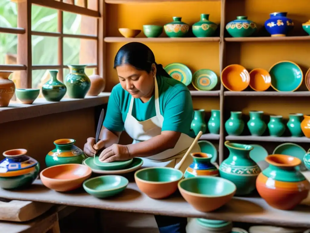 Artesanos en taller de cerámica de mayólica, invirtiendo en tradición y creatividad con colores vibrantes y luz natural cálida