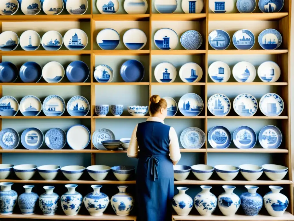 Artesanos en un taller de cerámica Delftware, creando patrones azules y blancos