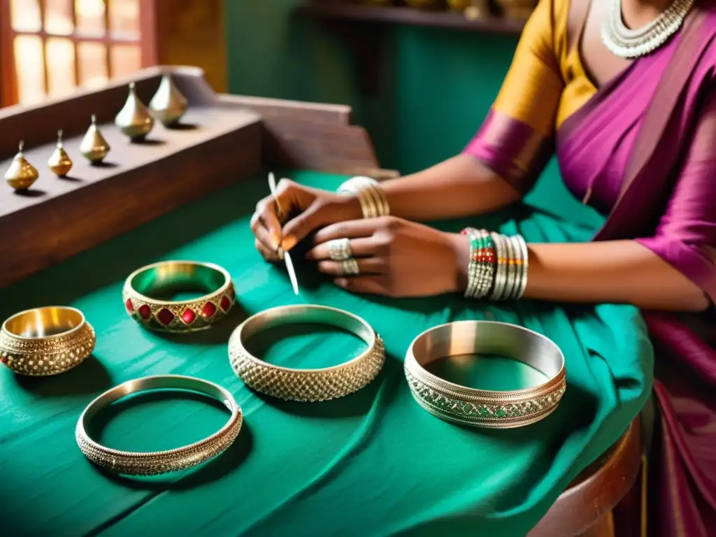 Artesanos en un taller de joyería india creando patrones en brazaletes y pendientes de plata, rodeados de coloridas cuentas y herramientas tradicionales