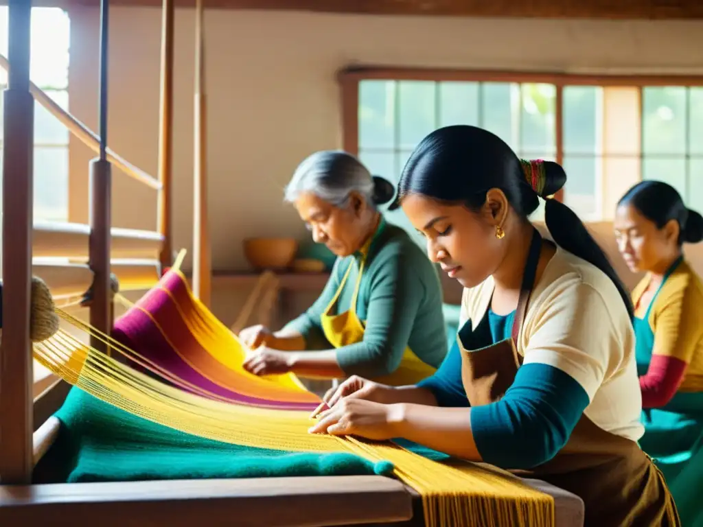 Artesanos tejiendo en un taller soleado, con impacto económico en comunidades tejedoras, resplandece la tradición y la destreza en cada hilado